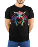 Fantasy Bull Dragon Graphic T Shirt Colorful Mythical Creature Art - model wearing black tee with hands behind back