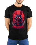 Red Ninja Fox Warrior Graphic T Shirt Dark Fantasy Art Style - model wearing black tee with hands behind back
