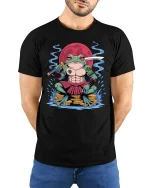 Samurai Frog Warrior Graphic T Shirt Epic Fantasy Art Design - model wearing black tee with hands behind back