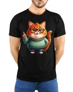 Cute Nerdy Cat Graphic T Shirt Adorable Smart Cartoon Art Style - model wearing black tee with hands behind back