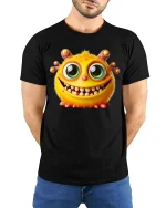 Funny Cute Monster Graphic T Shirt Big Eyes Smiling Cartoon Art - model wearing black tee with hands behind back