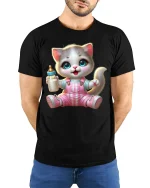 Cute Baby Kitten Graphic T Shirt Adorable Cartoon Animal Art - model wearing black tee with hands behind back