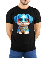 Cute Blue Puppy Graphic T Shirt Adorable Cartoon Dog Art Style - model wearing black tee with hands behind back