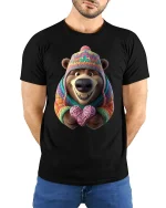 Cute Cozy Bear Graphic T Shirt Knitted Sweater Love Art Style - model wearing black tee with hands behind back