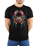 Colorful Artistic Crab Graphic T Shirt Vibrant Ocean Animal Art - model wearing black tee with hands behind back