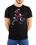Motocross Dirt Bike Rider Graphic T Shirt Extreme Racing Action - model wearing black tee with hands behind back