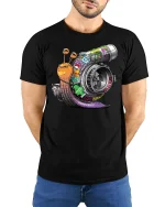 Funny Turbo Snail Graphic T Shirt Boosted Speed Cartoon Design - model wearing black tee with hands behind back