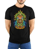 Tribal Jaguar Skull Graphic T Shirt Aztec Warrior Spirit Art - model wearing black tee with hands behind back