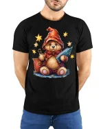 Cute Wizard Teddy Bear Graphic T Shirt Magical Fantasy Art Style - model wearing black tee with hands behind back