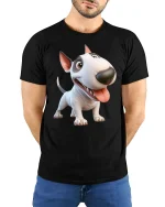Funny Bull Terrier Dog Graphic T Shirt Cute Cartoon Style Art - model wearing black tee with hands behind back