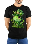 Cute Leprechaun Frog Graphic T Shirt Whimsical Irish Style Art - model wearing black tee with hands behind back