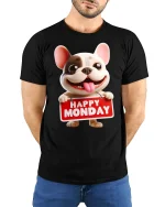 Happy Monday Dog Graphic T Shirt Funny Cute Cartoon Work Humor - model wearing black tee with hands behind back