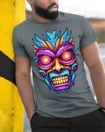 Tribal Skull Graphic T Shirt With Neon Mask Art Vibes - model wearing grey tee, leaning on column
