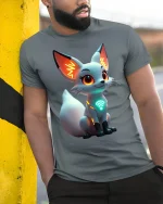 Cute Cyber Fox Graphic T Shirt Futuristic Neon Tech Art Style - model wearing grey tee, leaning on column