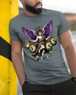 Money Angel Graphic T Shirt Purple Wings Wealth Art Design - model wearing grey tee, leaning on column