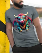 Fantasy Bull Dragon Graphic T Shirt Colorful Mythical Creature Art - model wearing grey tee, leaning on column