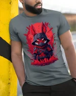 Red Ninja Fox Warrior Graphic T Shirt Dark Fantasy Art Style - model wearing grey tee, leaning on column