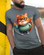 Cute Nerdy Cat Graphic T Shirt Adorable Smart Cartoon Art Style - model wearing grey tee, leaning on column