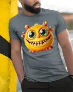 Funny Cute Monster Graphic T Shirt Big Eyes Smiling Cartoon Art - model wearing grey tee, leaning on column