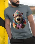 Cute Cozy Bear Graphic T Shirt Knitted Sweater Love Art Style - model wearing grey tee, leaning on column