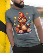 Cute Wizard Teddy Bear Graphic T Shirt Magical Fantasy Art Style - model wearing grey tee, leaning on column