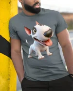 Funny Bull Terrier Dog Graphic T Shirt Cute Cartoon Style Art - model wearing grey tee, leaning on column