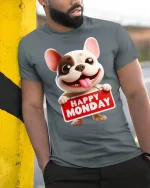 Happy Monday Dog Graphic T Shirt Funny Cute Cartoon Work Humor - model wearing grey tee, leaning on column