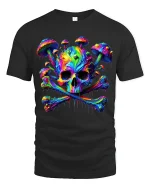 Psychedelic Skull Mushroom Graphic T Shirt Trippy Neon Art Style - black t-shirt on white background
