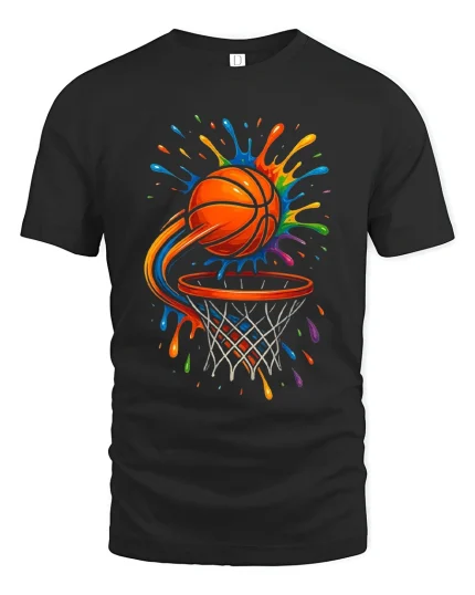 Color Splash Basketball Graphic T Shirt Dynamic Street Art Style - black t-shirt on white background