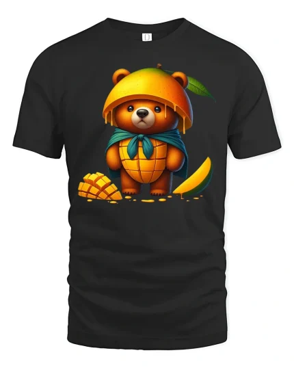 Cute Mango Bear Graphic T Shirt Sweet Fruit Art Illustration - black t-shirt on white background