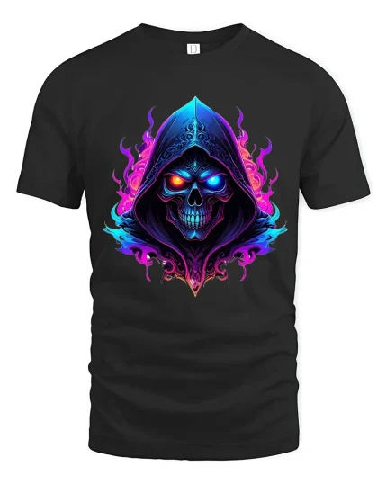 Neon Hooded Skull Graphic T Shirt Dark Fantasy Glow Art - black t-shirt on white background