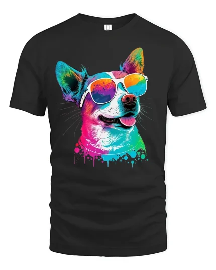 Colorful Cool Dog Graphic T Shirt Vibrant Sunglasses Art Style - black t-shirt on white background