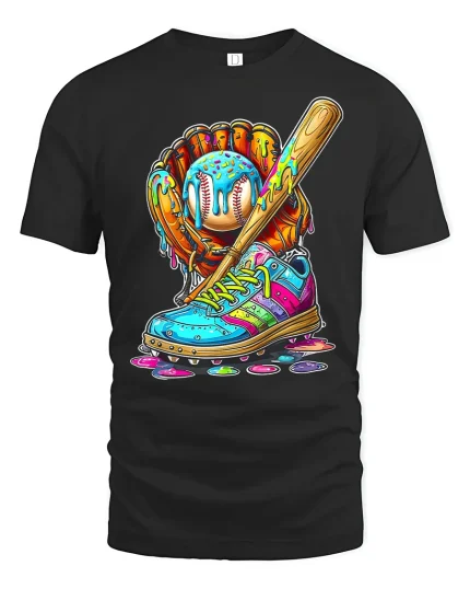 Colorful Baseball Street Art Graphic T Shirt Urban Sport Style - black t-shirt on white background