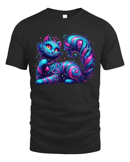 Mystic Galaxy Cat Graphic T Shirt Cosmic Fantasy Neon Art - black t-shirt on white background