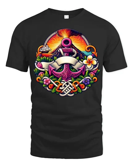 Nautical Anchor Volcano Graphic T Shirt Ocean Fantasy Art - black t-shirt on white background