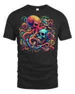 Nautical Octopus Skull Graphic T Shirt Bold Ocean Horror Art - black t-shirt on white background