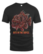 Bite In The Abyss Deep Sea Fish Graphic T Shirt Dark Ocean Art - black t-shirt on white background