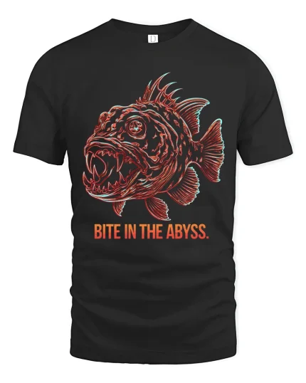 Bite In The Abyss Deep Sea Fish Graphic T Shirt Dark Ocean Art - black t-shirt on white background