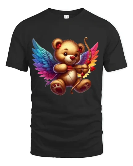 Cute Cupid Teddy Bear Graphic T Shirt Rainbow Wings Love Art - black t-shirt on white background