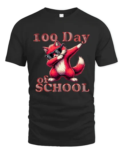 100 Day of School Funny Fox Graphic T Shirt Cool Dabbing Style - black t-shirt on white background
