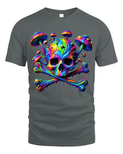 Psychedelic Skull Mushroom Graphic T Shirt Trippy Neon Art Style - gray t-shirt on white background
