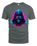 Neon Hooded Skull Graphic T Shirt Dark Fantasy Glow Art - gray t-shirt on white background