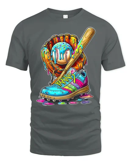 Colorful Baseball Street Art Graphic T Shirt Urban Sport Style - gray t-shirt on white background
