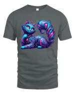 Mystic Galaxy Cat Graphic T Shirt Cosmic Fantasy Neon Art - gray t-shirt on white background