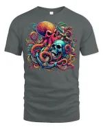 Nautical Octopus Skull Graphic T Shirt Bold Ocean Horror Art - gray t-shirt on white background