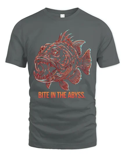 Bite In The Abyss Deep Sea Fish Graphic T Shirt Dark Ocean Art - gray t-shirt on white background