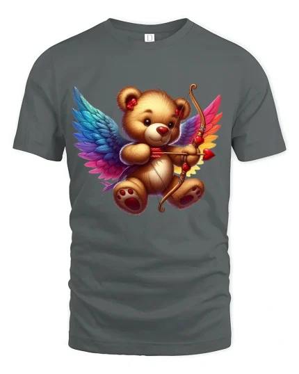 Cute Cupid Teddy Bear Graphic T Shirt Rainbow Wings Love Art - gray t-shirt on white background