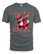 100 Day of School Funny Fox Graphic T Shirt Cool Dabbing Style - gray t-shirt on white background
