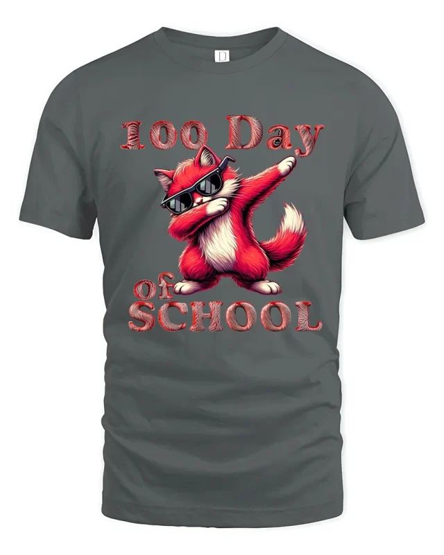 100 Day of School Funny Fox Graphic T Shirt Cool Dabbing Style - gray t-shirt on white background