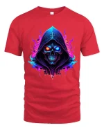 Neon Hooded Skull Graphic T Shirt Dark Fantasy Glow Art - red t-shirt on white background